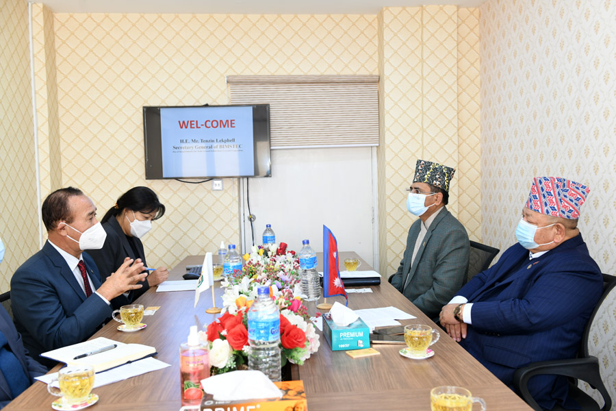 माननीय मन्त्रीज्यूसँग BIMSTEC का महासचिव H.E. Mr.Tenzin Lekphell को शिष्टाचार भेटवार्ताको तस्वीर(२०७८-०९-२०)